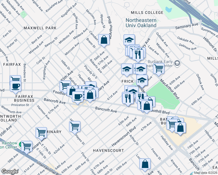 map of restaurants, bars, coffee shops, grocery stores, and more near 2851 60th Avenue in Oakland