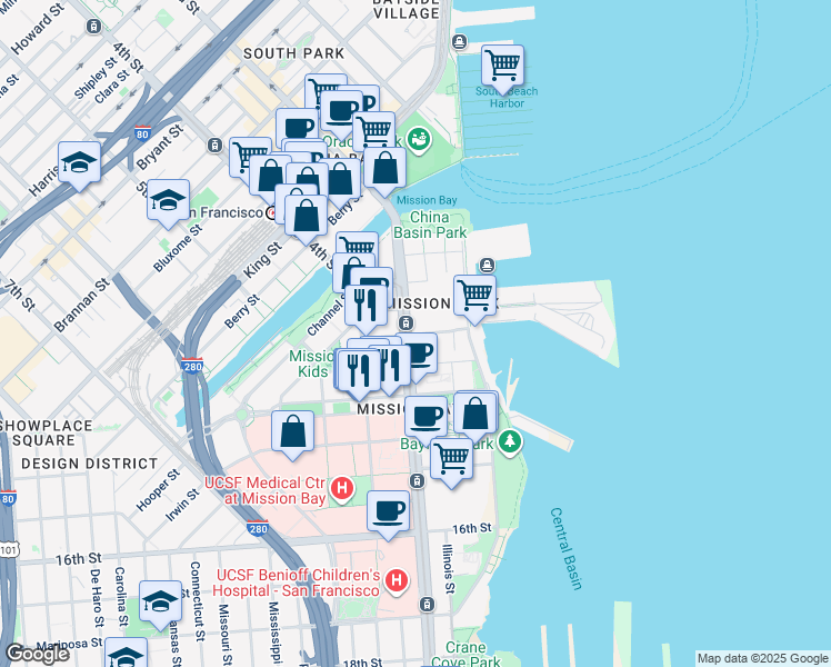 map of restaurants, bars, coffee shops, grocery stores, and more near Mission Rock Street in San Francisco