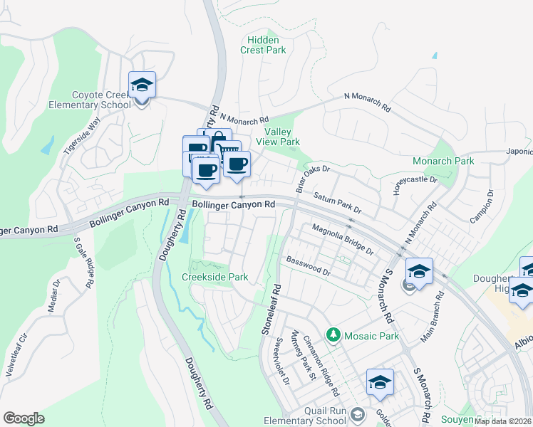 map of restaurants, bars, coffee shops, grocery stores, and more near 2426 Cedarwood Loop in San Ramon