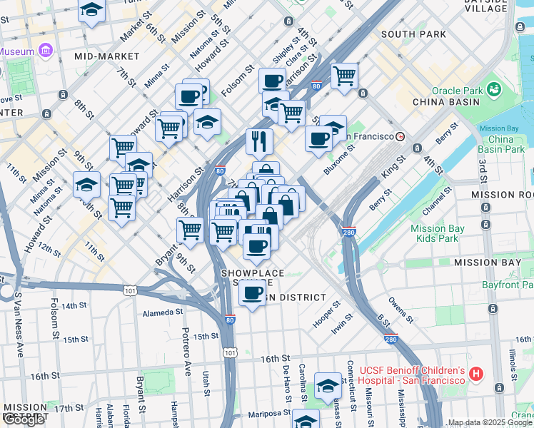 map of restaurants, bars, coffee shops, grocery stores, and more near 603 7th Street in San Francisco
