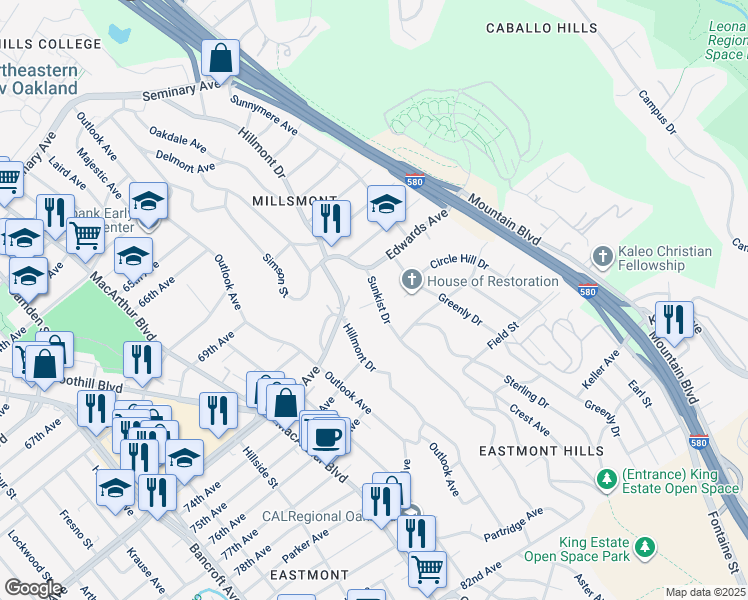 map of restaurants, bars, coffee shops, grocery stores, and more near 7209 Sunkist Drive in Oakland
