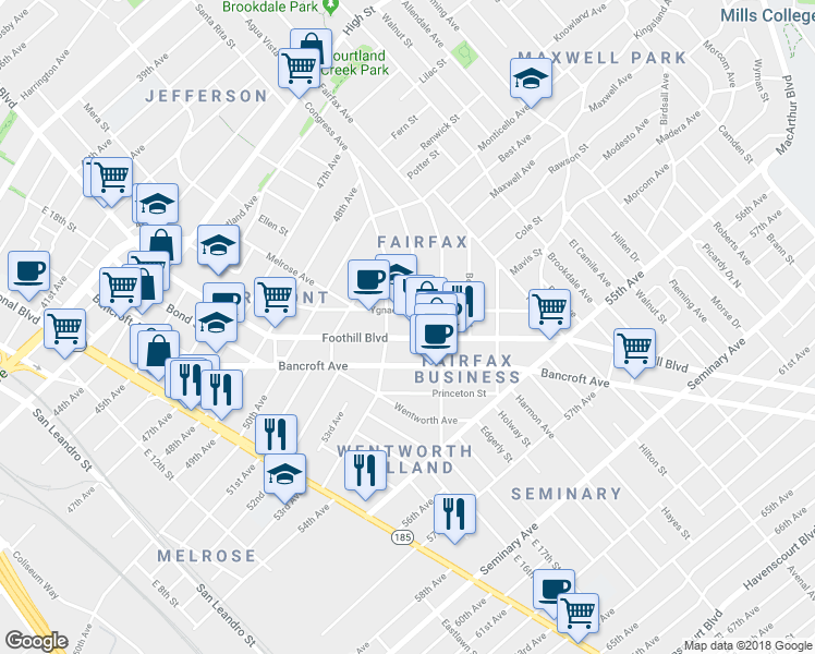 map of restaurants, bars, coffee shops, grocery stores, and more near 5225 Congress Avenue in Oakland