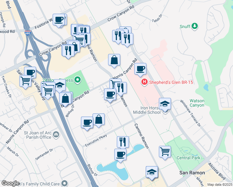 map of restaurants, bars, coffee shops, grocery stores, and more near 5601 Linen Court in San Ramon