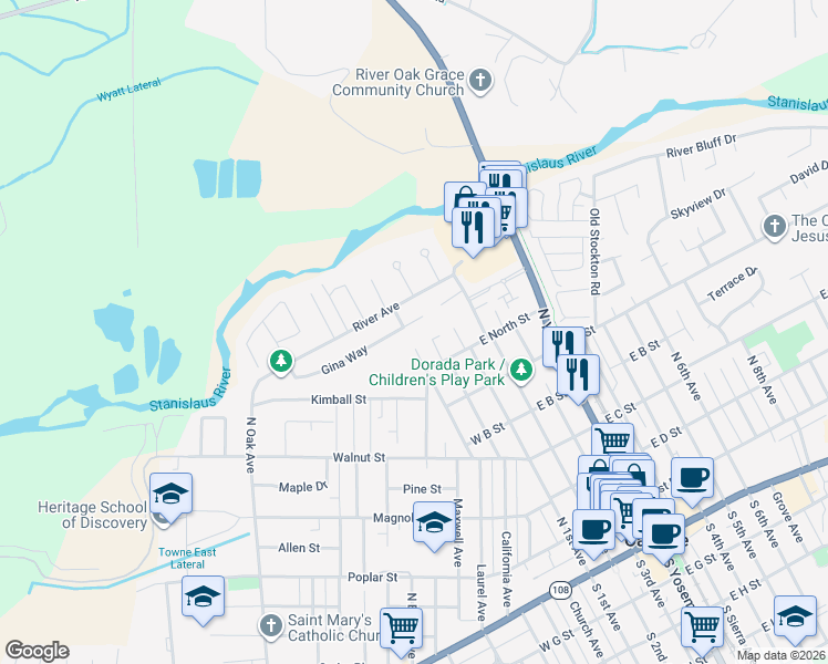 map of restaurants, bars, coffee shops, grocery stores, and more near 987 Gina Court in Oakdale