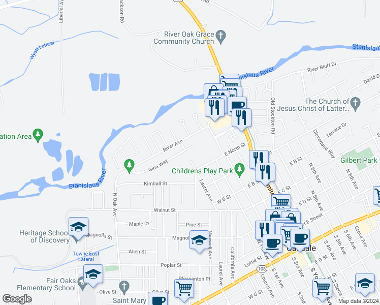 map of restaurants, bars, coffee shops, grocery stores, and more near 987 Gina Court in Oakdale
