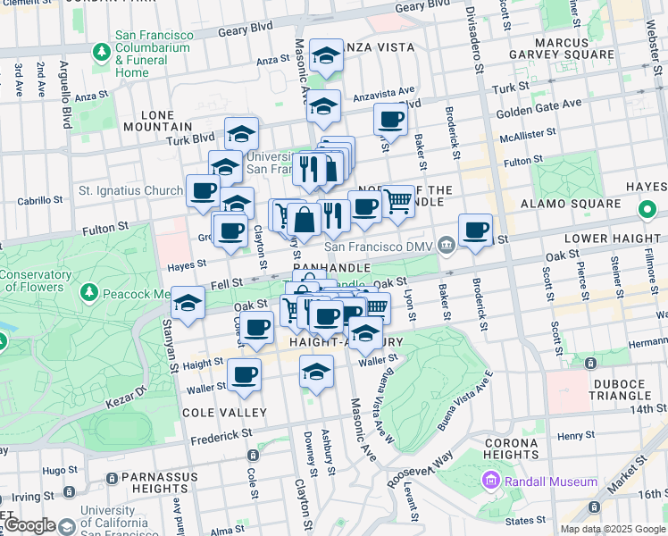 map of restaurants, bars, coffee shops, grocery stores, and more near Fell St & Masonic Ave in San Francisco