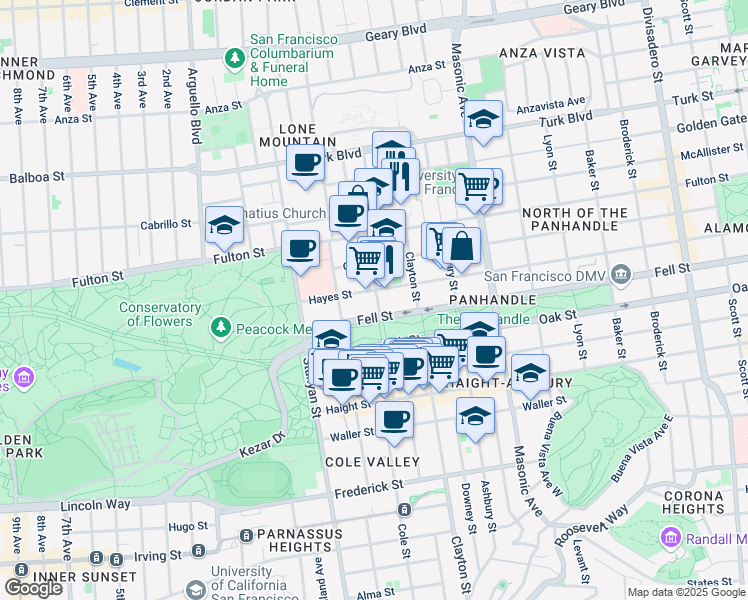 map of restaurants, bars, coffee shops, grocery stores, and more near 215 Cole Street in San Francisco