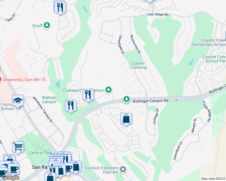 map of restaurants, bars, coffee shops, grocery stores, and more near 480 Bollinger Canyon Lane in San Ramon