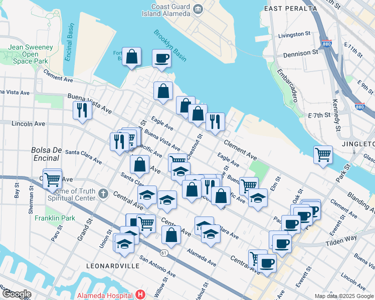 map of restaurants, bars, coffee shops, grocery stores, and more near 1911 Buena Vista Avenue in Alameda
