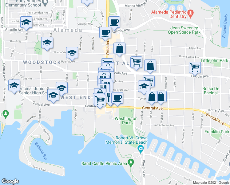 map of restaurants, bars, coffee shops, grocery stores, and more near 726 Santa Clara Avenue in Alameda