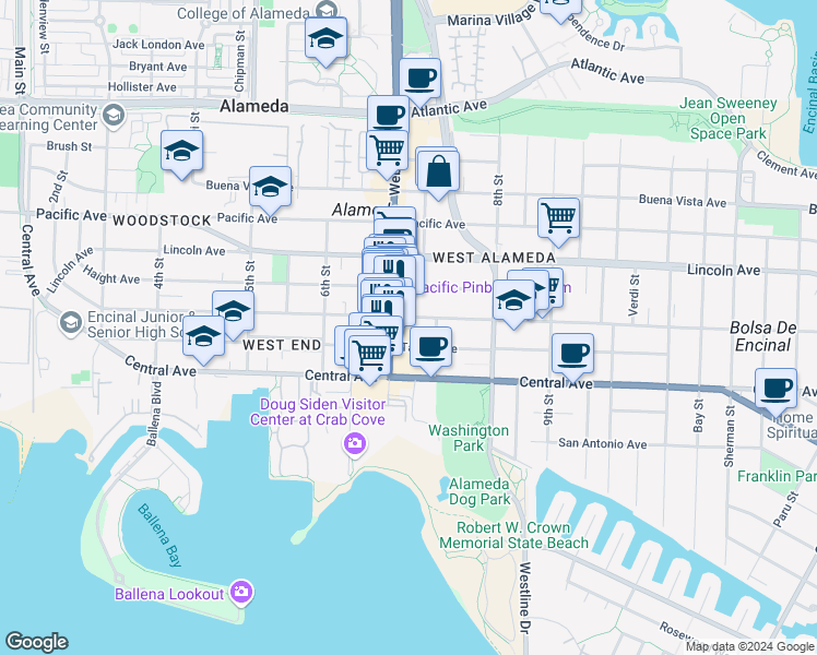 map of restaurants, bars, coffee shops, grocery stores, and more near 726 Santa Clara Avenue in Alameda