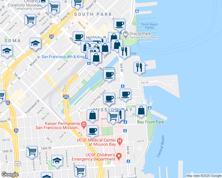 map of restaurants, bars, coffee shops, grocery stores, and more near 1155 4th Street in San Francisco