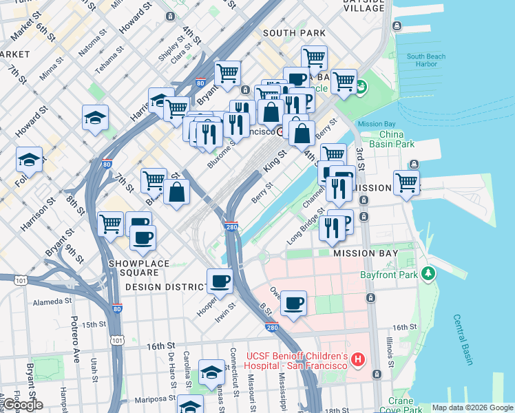 map of restaurants, bars, coffee shops, grocery stores, and more near 360 Berry Street in San Francisco