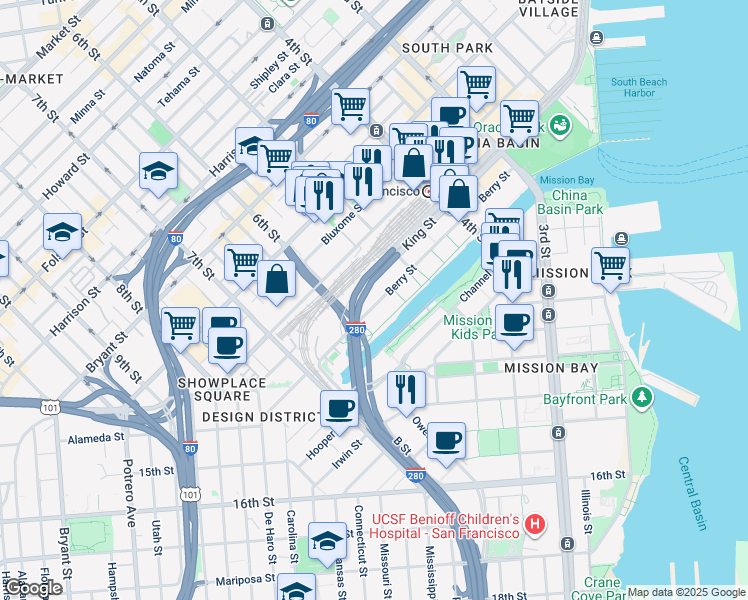 map of restaurants, bars, coffee shops, grocery stores, and more near 360 Berry Street in San Francisco