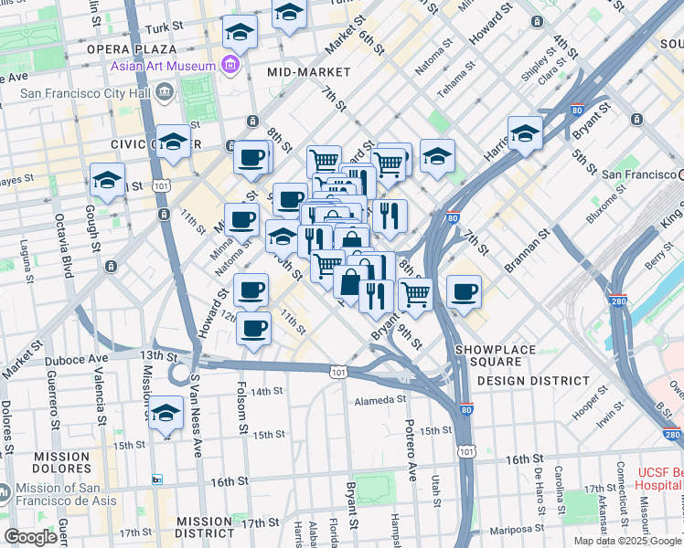 map of restaurants, bars, coffee shops, grocery stores, and more near in San Francisco