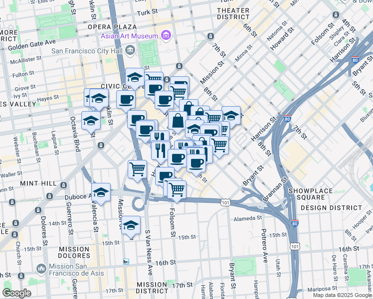 map of restaurants, bars, coffee shops, grocery stores, and more near 969 Natoma Street in San Francisco