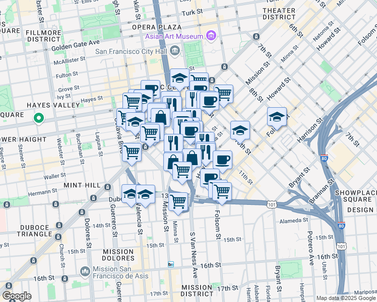 map of restaurants, bars, coffee shops, grocery stores, and more near in San Francisco
