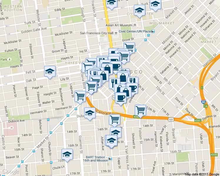 map of restaurants, bars, coffee shops, grocery stores, and more near 10 Chase Court in San Francisco