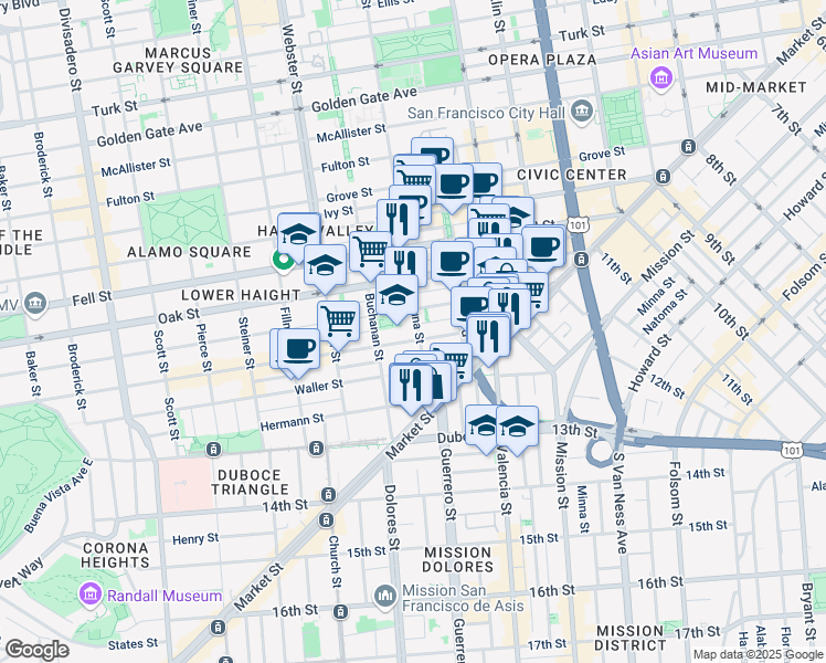 map of restaurants, bars, coffee shops, grocery stores, and more near in San Francisco
