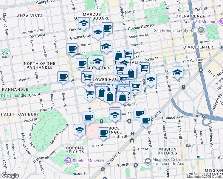 map of restaurants, bars, coffee shops, grocery stores, and more near 659 Page Street in San Francisco