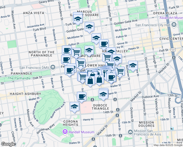 map of restaurants, bars, coffee shops, grocery stores, and more near 738 Page Street in San Francisco