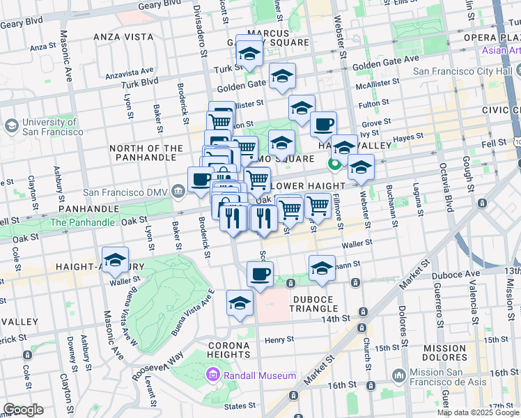 map of restaurants, bars, coffee shops, grocery stores, and more near 984 Oak Street in San Francisco