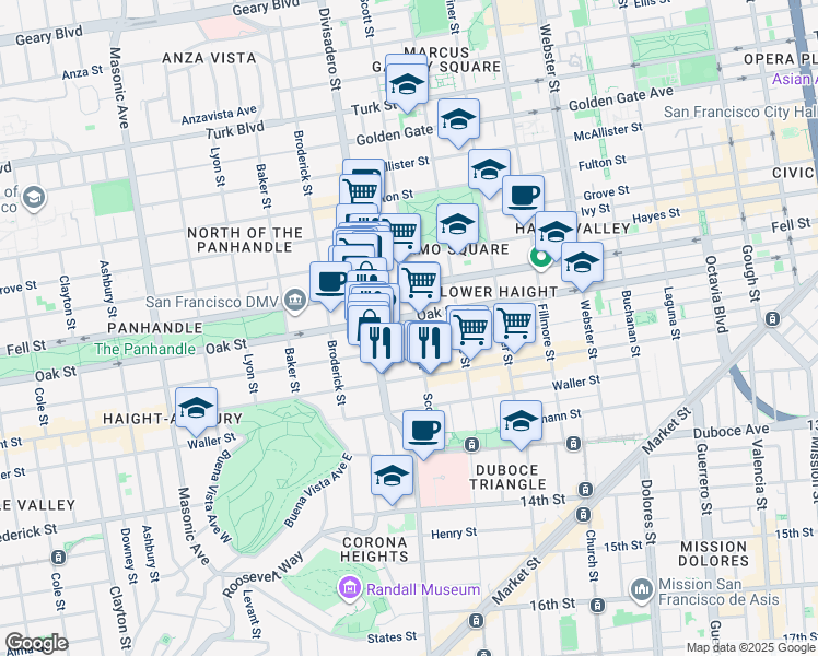 map of restaurants, bars, coffee shops, grocery stores, and more near 984 Oak Street in San Francisco