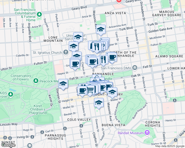 map of restaurants, bars, coffee shops, grocery stores, and more near 1820 Fell Street in San Francisco
