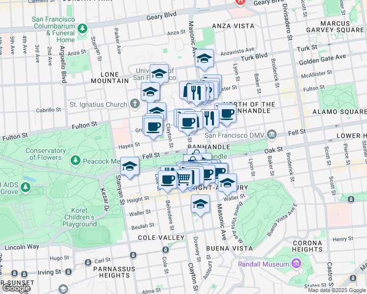 map of restaurants, bars, coffee shops, grocery stores, and more near 1820 Fell Street in San Francisco