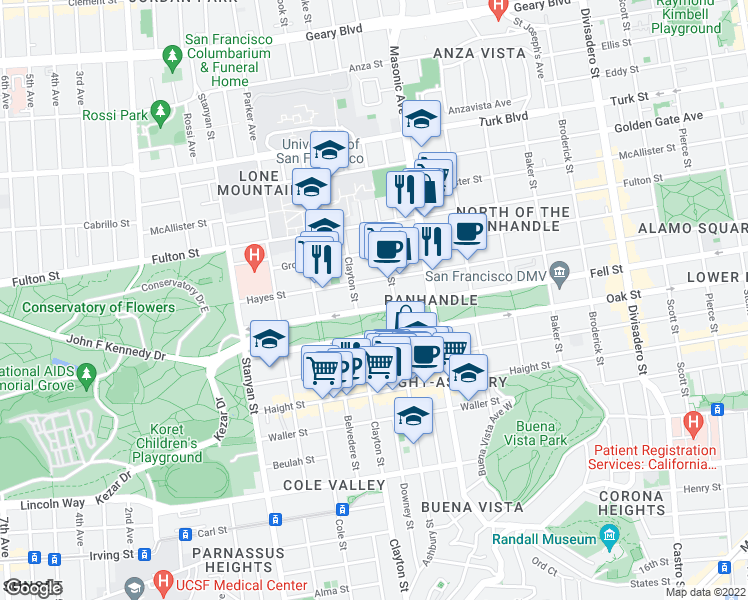 map of restaurants, bars, coffee shops, grocery stores, and more near 1820 Fell Street in San Francisco
