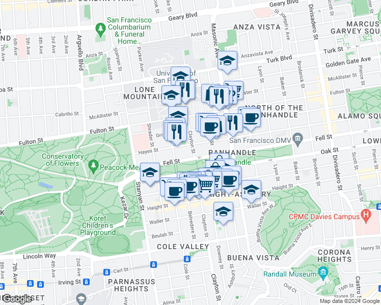 map of restaurants, bars, coffee shops, grocery stores, and more near 2390 Clayton Street in San Francisco