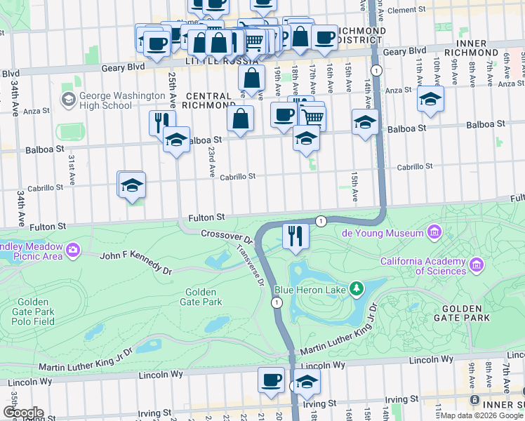 map of restaurants, bars, coffee shops, grocery stores, and more near 4434 Fulton Street in San Francisco