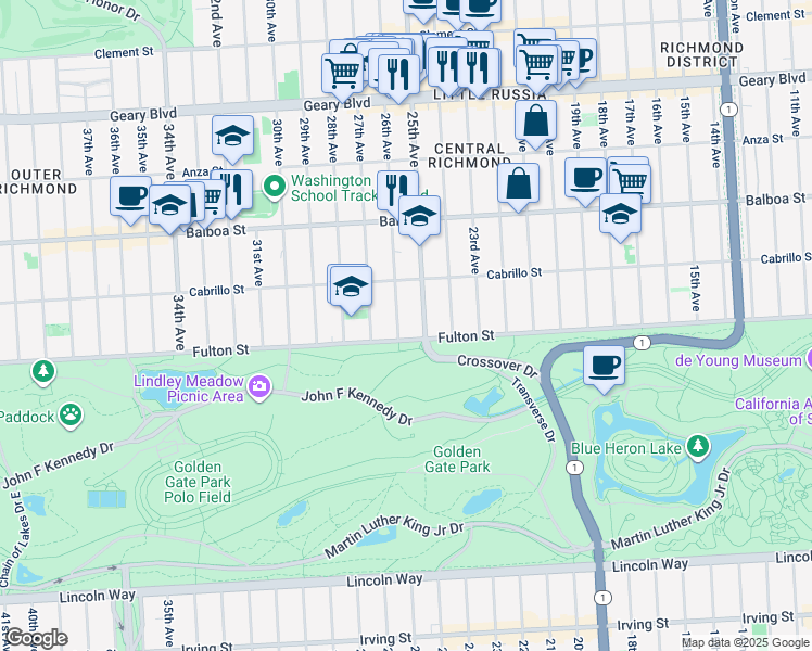map of restaurants, bars, coffee shops, grocery stores, and more near 879 26th Avenue in San Francisco