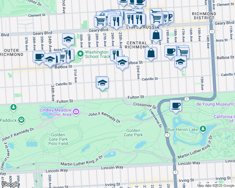 map of restaurants, bars, coffee shops, grocery stores, and more near 879 26th Avenue in San Francisco