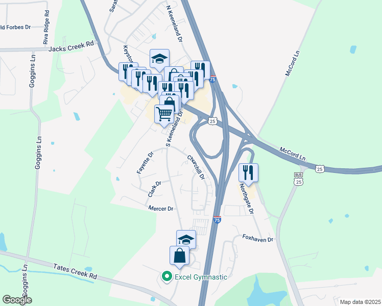 map of restaurants, bars, coffee shops, grocery stores, and more near 229 Churchill Drive in Richmond