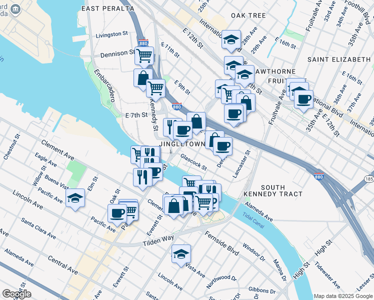 map of restaurants, bars, coffee shops, grocery stores, and more near 414 29th Avenue in Oakland