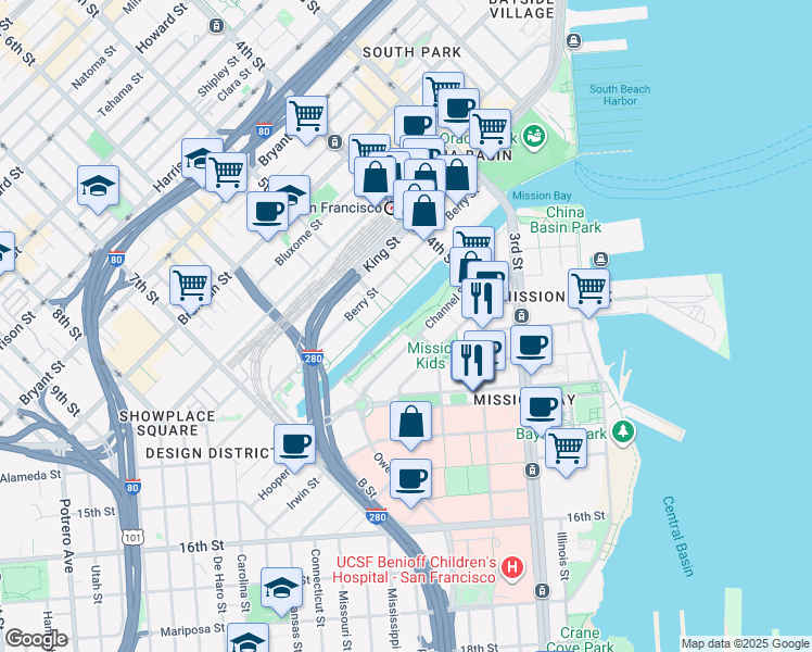 map of restaurants, bars, coffee shops, grocery stores, and more near 202 Channel Street in San Francisco