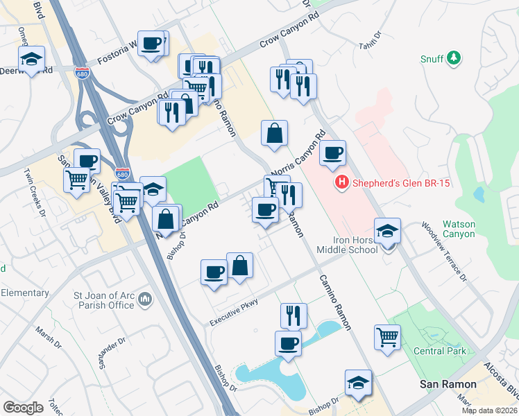 map of restaurants, bars, coffee shops, grocery stores, and more near 2410 Camino Ramon in San Ramon