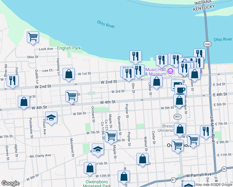 map of restaurants, bars, coffee shops, grocery stores, and more near 1008 W 3rd St in Owensboro