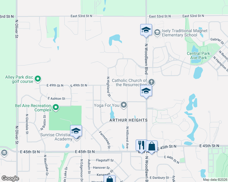 map of restaurants, bars, coffee shops, grocery stores, and more near 4942 North Highland Court in Bel Aire