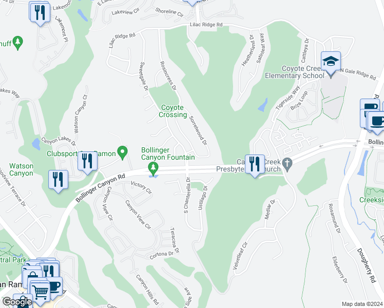 map of restaurants, bars, coffee shops, grocery stores, and more near 3008 Sorrelwood Drive in San Ramon
