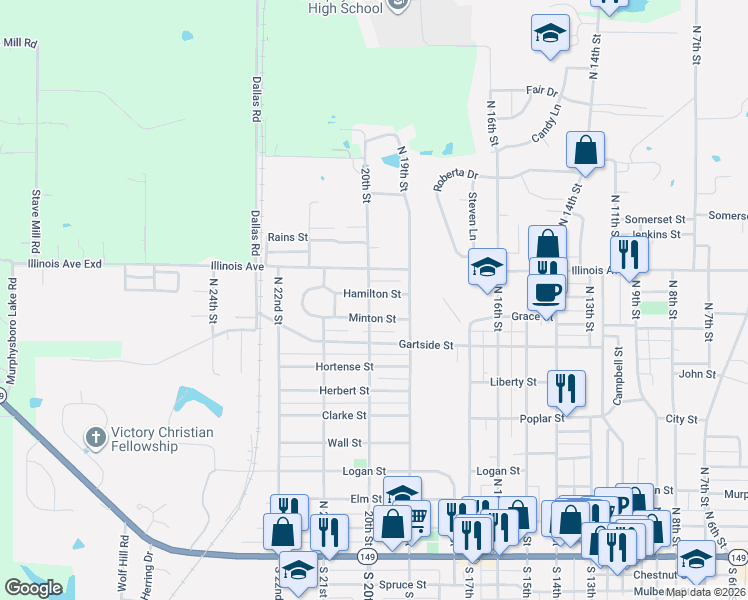 map of restaurants, bars, coffee shops, grocery stores, and more near 1925 Hamilton Street in Murphysboro