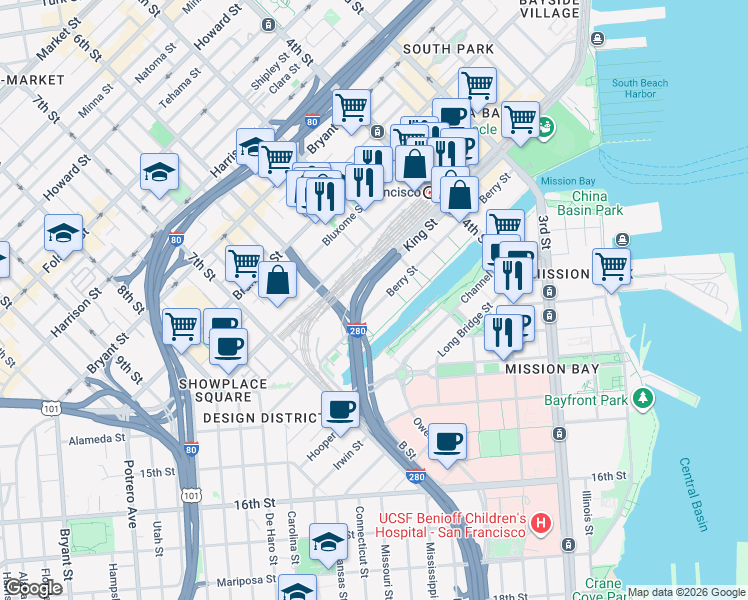 map of restaurants, bars, coffee shops, grocery stores, and more near 360 Berry Street in San Francisco