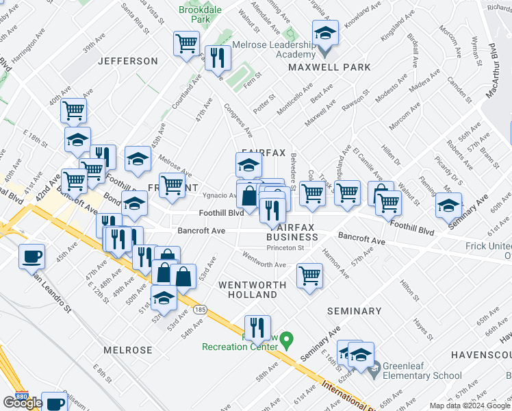 map of restaurants, bars, coffee shops, grocery stores, and more near 5223 Congress Avenue in Oakland