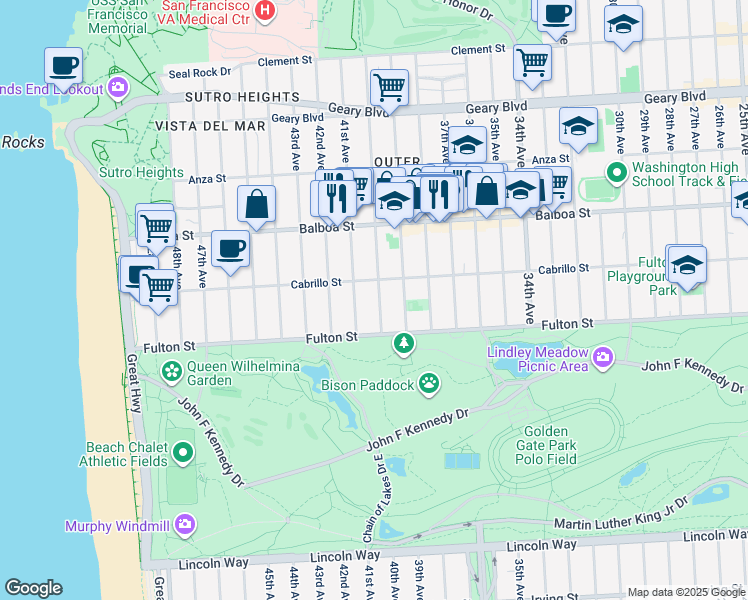 map of restaurants, bars, coffee shops, grocery stores, and more near 835 40th Avenue in San Francisco