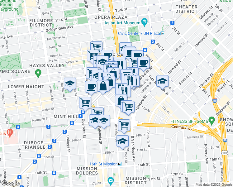 map of restaurants, bars, coffee shops, grocery stores, and more near 53 Colton Street in San Francisco