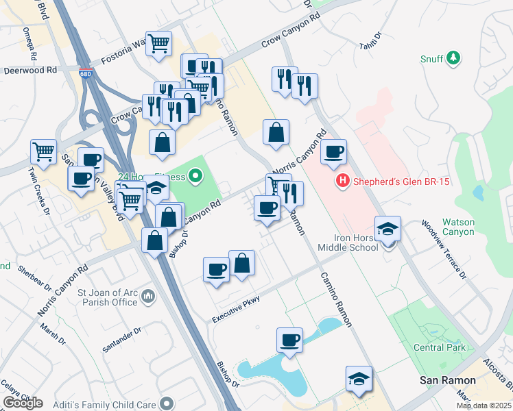 map of restaurants, bars, coffee shops, grocery stores, and more near 3005 Ivory Terrace in San Ramon