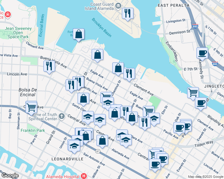 map of restaurants, bars, coffee shops, grocery stores, and more near 1911 Buena Vista Avenue in Alameda