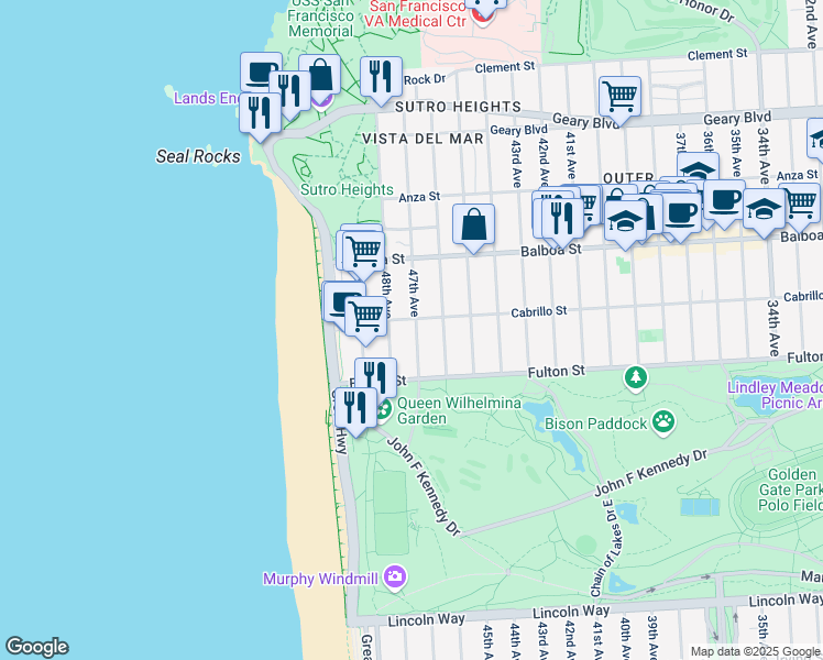 map of restaurants, bars, coffee shops, grocery stores, and more near 813 47th Avenue in San Francisco