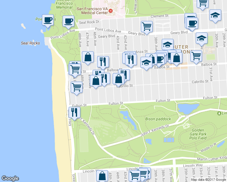 map of restaurants, bars, coffee shops, grocery stores, and more near 823 44th Ave in San Francisco